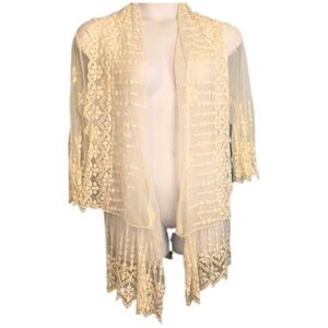 Le Dor Cream Floral Lace Sheer coverup top robe 3/4 sleeves waterfall Sz Large